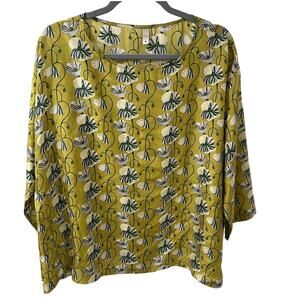 Yavi Silk Floral Print Boxy 3/4 Sleeve Blouse Whimsical Feminne Fairy, size M